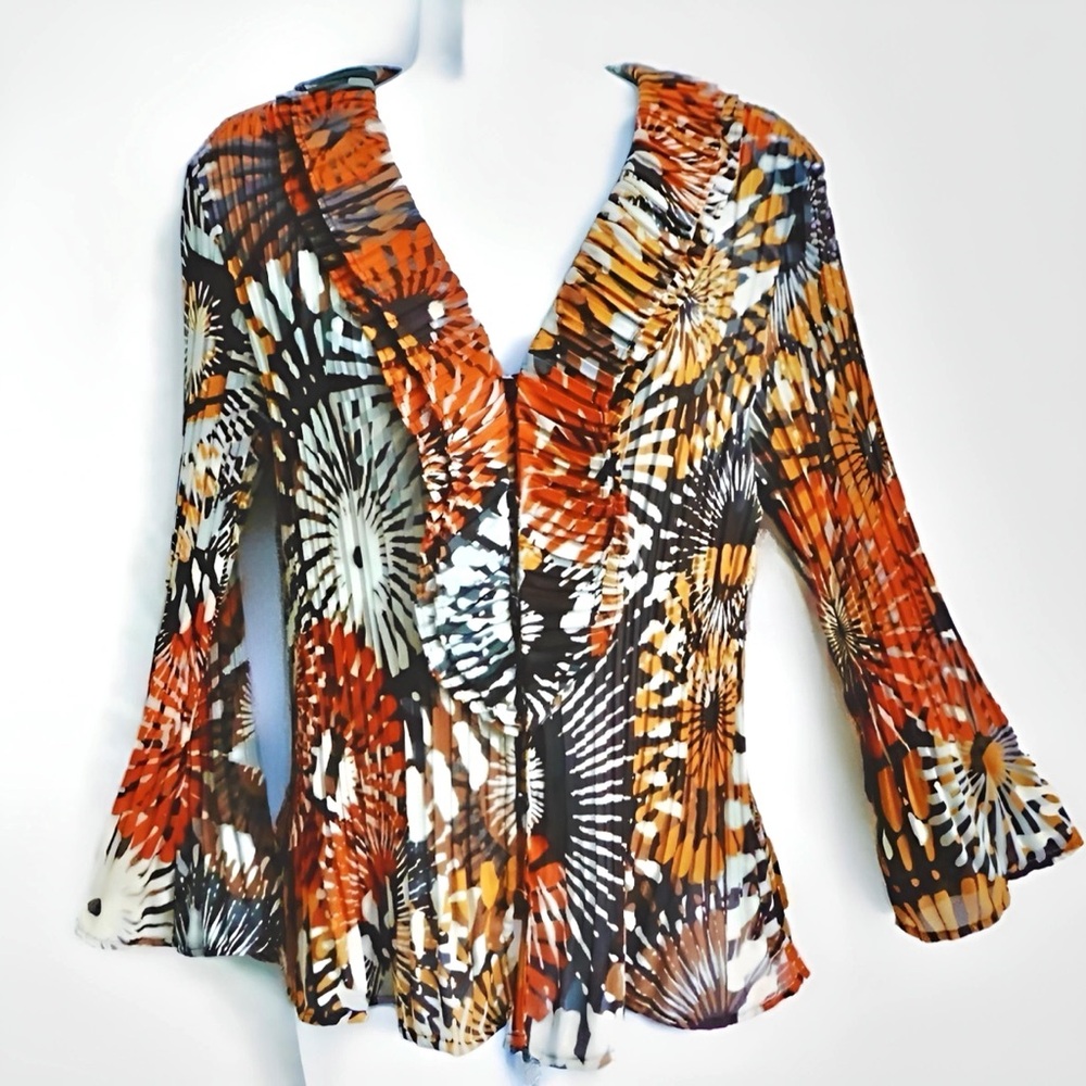 SUNNY LEIGH Orange Brown Floral Crinkle Pleated V-Neck Blouse Top size L or XL